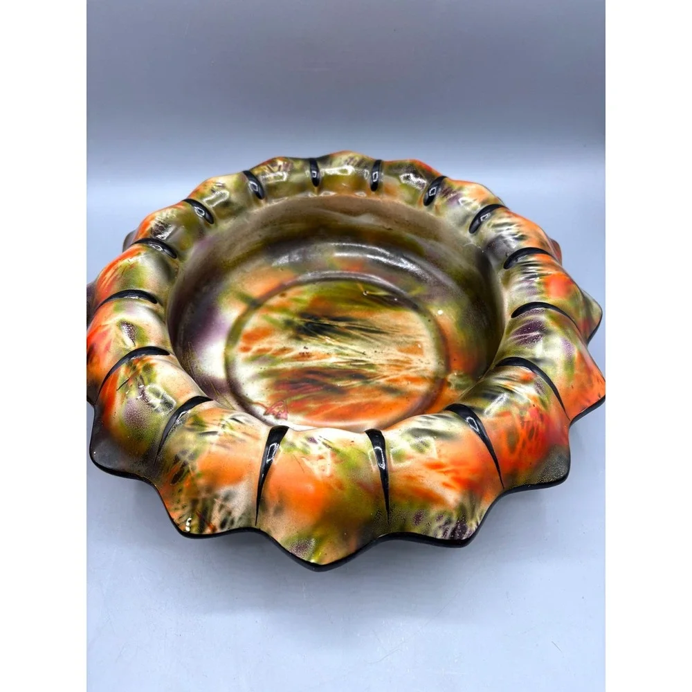 Vintage‎ Ceramic Art Pottery Scalloped Bowl Orange Green Drip Glaze 9.5
